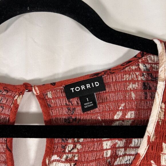 Torrid Blouse Women's 1 1X Brown Floral Bell Long Sleeve Round Neck Rayon - Picture 4 of 9